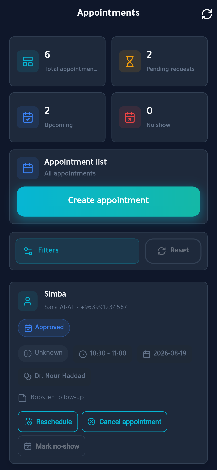 Clinic app — today's schedule